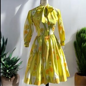 Vintage 1960s Yellow Floral Semi Sheer Midi Fit and Flare Dress Handmade